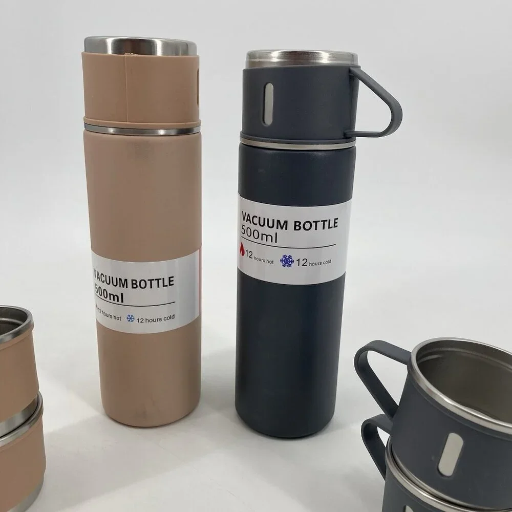 Vacuum Flask (2 Qty) Gift Set 500ML With 4 Extra Cups Pink And Black